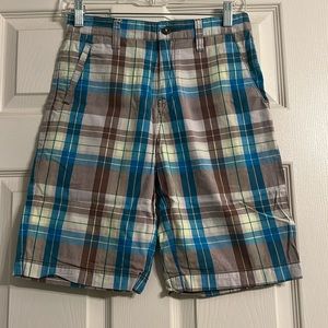 volcom boy’s blue plaid shorts